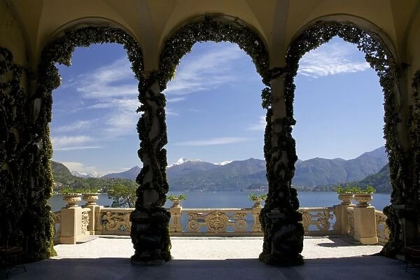 Loggia and gardens of the Villa del Balbianello on Punta di Lavedo in spring sunshine, Lenno, Lake Como, Italian Lakes, Italy, Europe