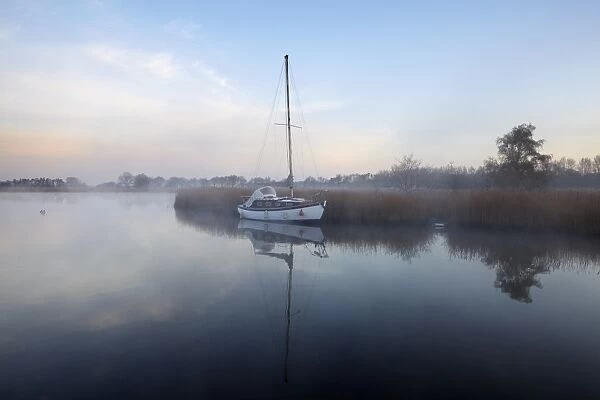 A misty morning in the Norfolk Broads at Horsey Mere, Norfolk, England, United Kingdom, Europe