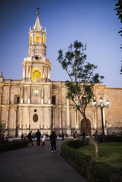 Night at Basilica Cathedral of Arequipa (Basilica Catedral), Plaza de Armas, UNESCO