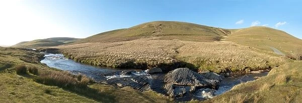 Panoramic landscape view at Elan Valley, Cambrian Mountains, Powys, Wales, United Kingdom, Europe