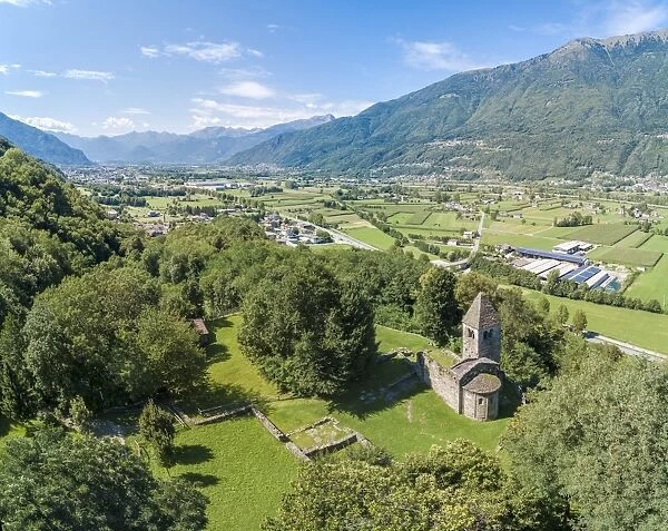 Panoramic of medieval Abbey of San Pietro in Vallate from drone, Piagno, Sondrio province