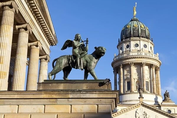 Sculpture of Tieck with the Theatre and Franzosisch (French) Church in the background, Gendarmenmarkt, Berlin, Germany, Europe