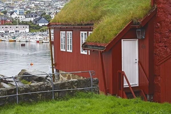 Sod roof (turf roof) building in historic Tinganes district, City of Torshavn