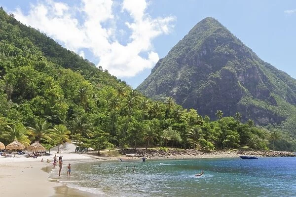 Swimming and sunbathing on Jalousie (Sugar) Beach, St. Lucia, Windward Islands, West Indies, Caribbean, Central America