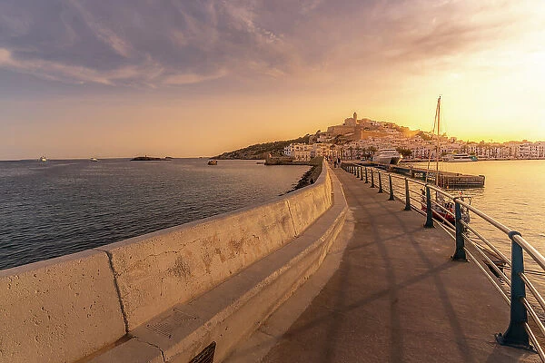 View of Cathedral and Dalt Vila from harbour at sunset, UNESCO World Heritage Site, Ibiza Town, Eivissa, Balearic Islands, Spain, Mediterranean, Europe