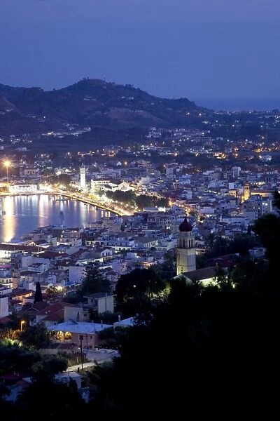 View of town from Strani Hill at dusk, Zakynthos Town, Zakynthos, Ionian Islands