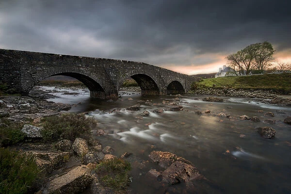 Three arched bridge over river and Glen Sligachan, Isle of Skye, Scotland, Europe