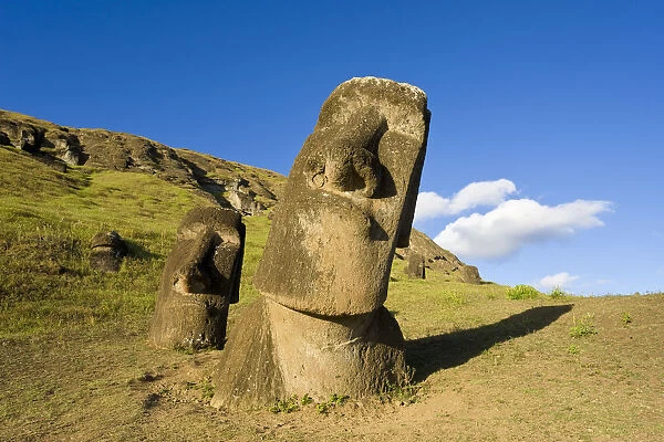Chile, Rapa Nui, Easter Island, giant monolithic stone Maoi statues at Rano Raraku