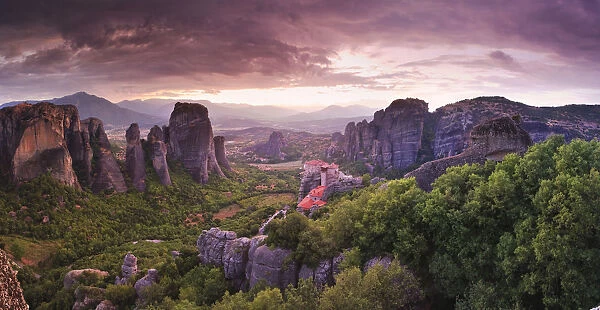Greece, Thessaly, Meteora, Panoramic view of Meteora and Holy Monastery of Rousanou