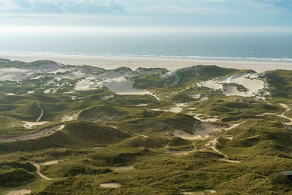 High angle view of sand dune landscape and beach near Wittdun, UNESCO, Amrum island, Nordfriesland, Schleswig-Holstein, Germany