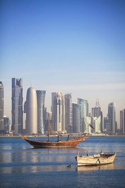 Qatar, Doha, looking across Doha Bay to skyscrapers of West Bay