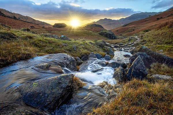 UK, England, Cumbria, Lake District National Park, Blae Tarn, Blaemoss Beck at sunrise