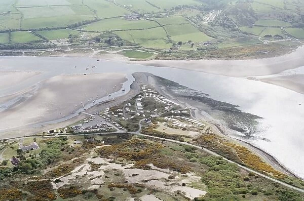 Aerial view of mouth of Teifi estuary Gwbert, Cardigan Bay, Wales