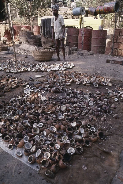 10010994. INDIA Goa Copra worker with piles of coconut shells in the foreground