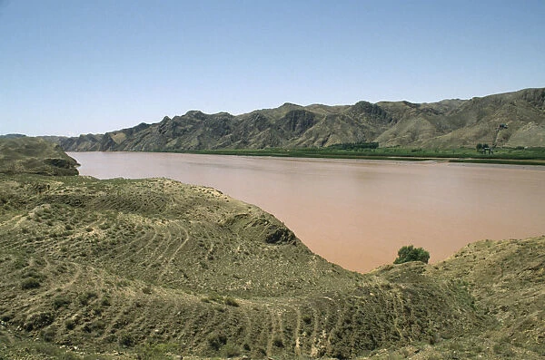 10012669. CHINA Yellow River Loess riverbanks and view down river