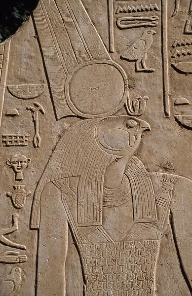 10021695. EGYPT Luxor Karnak Relief carving of Montu the hawk headed war god