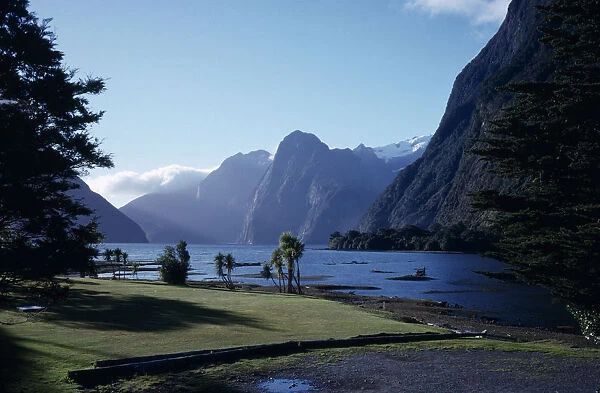 10028436. NEW ZEALAND South Island Milford Sound View across water with mountains behind