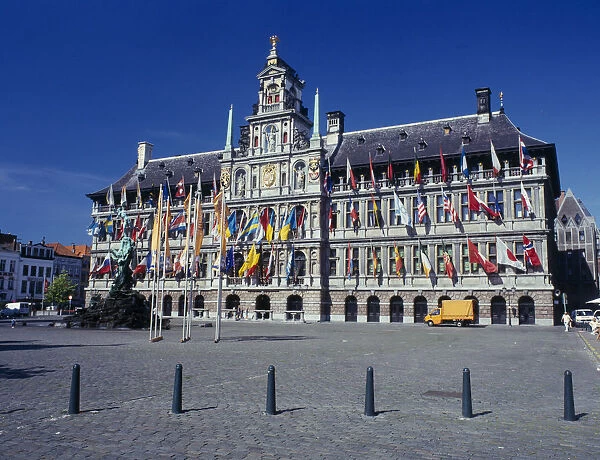 10080950. BELGIUM Flemish Region Antwerp The Town Hall and Main Square Grote Markt flags