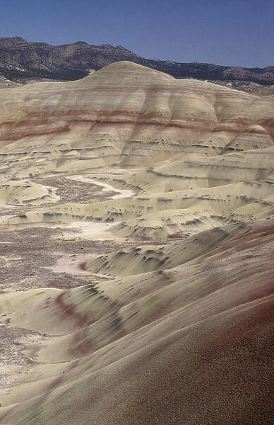 20025744. USA Oregon John Day Fossil Beds. View over multicoloured striped hills