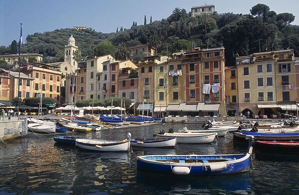 20026878. ITALY Liguria Portofino Harbour with moored boats
