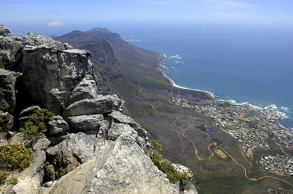 20038583. SOUTH AFRICA Western Cape Cape Town Aerial view from rocky peak over coastline