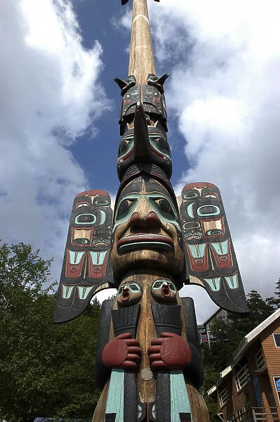 20064564. USA Alaska Ketchikan Angled view of carved wooden Totem pole in the Totem Park