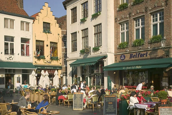 20069301. BELGIUM Bruges Restaurants and cafes in Eiermarkt near the Markt Square