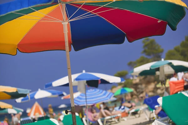 20074360. SPAIN Balearic Islands Ibiza Parasols and sunbathers on the beach at Portinatx
