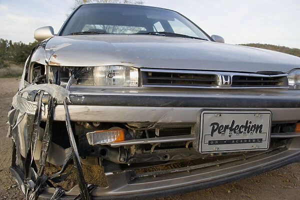 20075993. USA New Mexico Santa Fe Damaged front of a crashed car Automobile