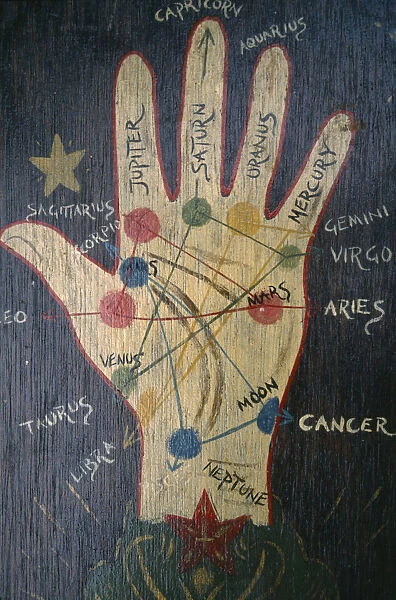 20076647. SUPERSTITION Palm Reading Palmistry chart in Selborne gypsy museum. romany