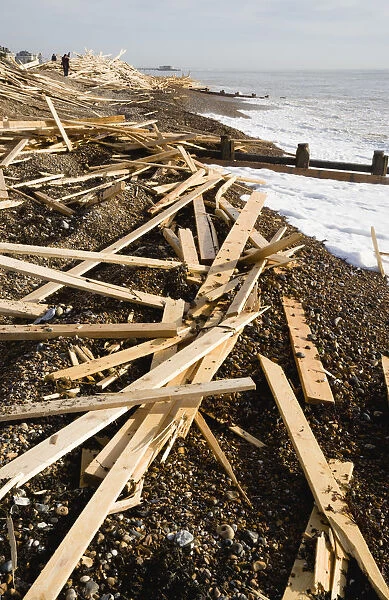 20089252. ENGLAND West Sussex Worthing Timber wood planks washed up on the beach seafront