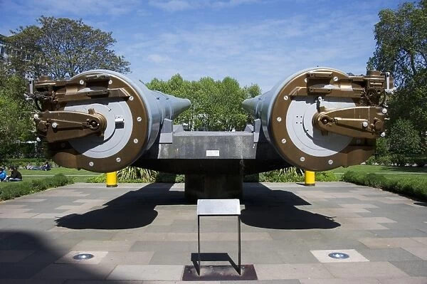 Two 15-inch naval guns outside national war museum, Imperial War Museum, Southwark, London, England, april