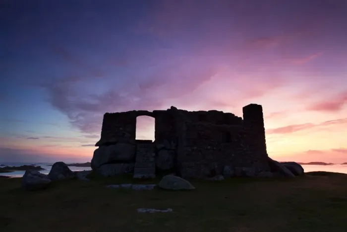 Framed Print : 16th century fort built to defend harbour silhouetted at sunrise, The Blockhouse, Block Point Framed Print : 16th century fort built to defend harbour silhouetted at sunrise, The Blockhouse, Block Point