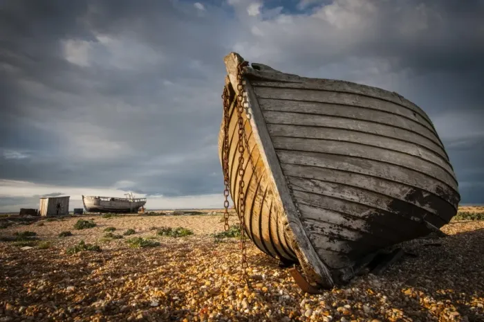 Framed Print : Abandoned fishing boats on shingle beach, Dungeness, Kent, England, April Framed Print : Abandoned fishing boats on shingle beach, Dungeness, Kent, England, April