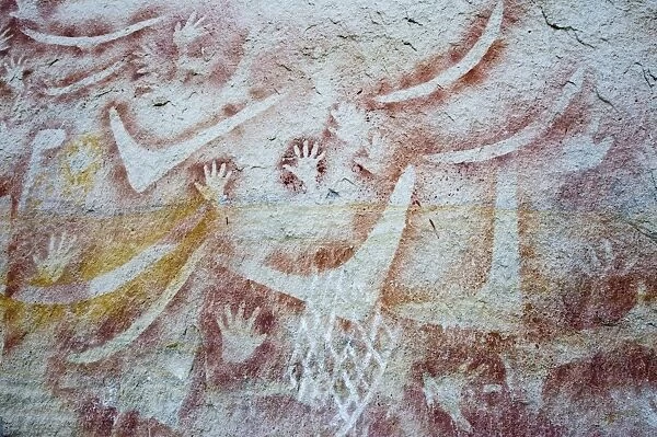 Aboriginal rock art, stencil art dated circa 2000 years old, showing depictions of hands and boomerangs, Art Gallery