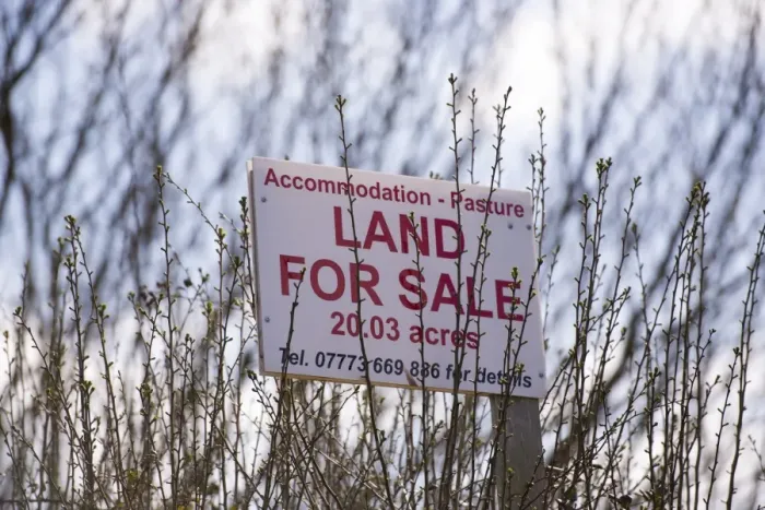 Framed Print : Accommodation - Pasture Land For Sale sign, Oulton, Cheshire, England, April Framed Print : Accommodation - Pasture Land For Sale sign, Oulton, Cheshire, England, April