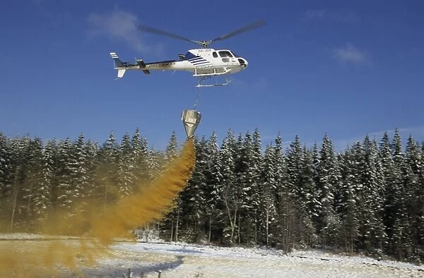 Acid rain, helicopter lime spreading, to reduce acidity in rivers and wetlands, Sweden