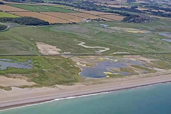 Aerial view of coastal marshland habitat, including newly aquired Popes Marsh, Cley Marshes Reserve, Cley-next-the-sea