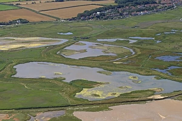 Aerial view of coastal marshland habitat, Cley Marshes Reserve, Cley-next-the-sea, Norfolk, England, August
