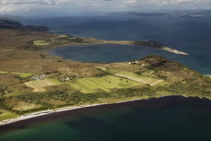 Framed Print : Aerial view of coastline with bay, Knockrome, Ardfernal, Corran Sands and Lowlandmans Bay, Isle of Jura