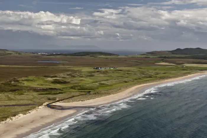 Framed Print : Aerial view of coastline with golfcourse and hotel, The Machrie Hotel, Links Golf Course, Laggan Bay, Isle of Islay Framed Print : Aerial view of coastline with golfcourse and hotel, The Machrie Hotel, Links Golf Course, Laggan Bay, Isle of Islay