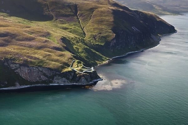 Aerial view of coastline and lighthouse, MacArthurs Head Lighthouse, Isle of Islay, Inner Hebrides, Scotland