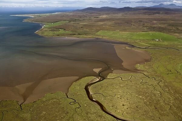Aerial view of coastline with saltmarsh and sea loch, Loch Gruinart, Isle of Islay, Inner Hebrides, Scotland