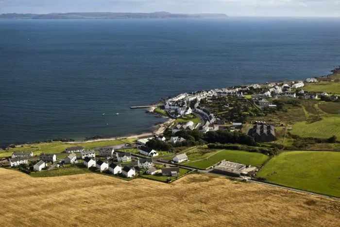 Framed Print : Aerial view of coastline and village, Port Charlotte, Isle of Islay, Inner Hebrides, Scotland Framed Print : Aerial view of coastline and village, Port Charlotte, Isle of Islay, Inner Hebrides, Scotland