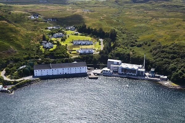 Aerial view of coastline with village and whisky distillery, Caol Ila Distillery, Sound of Islay, Isle of Islay
