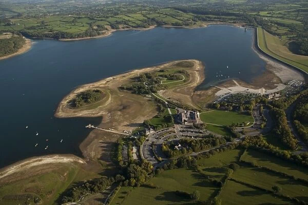 Aerial view of reservoir and visitor centre, Carsington Water, White Peak, Peak District, Derbyshire, England