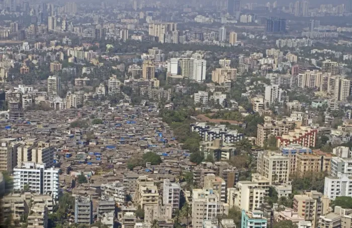 Framed Print : Aerial view of slum areas surrounded by luxury apartments and offices, India, February Framed Print : Aerial view of slum areas surrounded by luxury apartments and offices, India, February