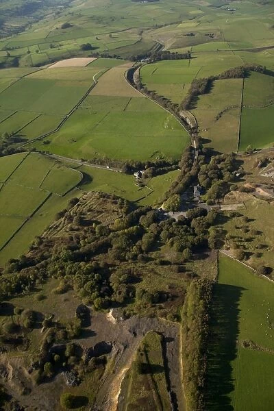 Aerial view of trail through farmland, Tissington Trail, White Peak, Peak District, Derbyshire, England, september