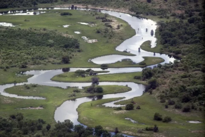 Framed Print : Aerial view of wetland habitat with channel, Kwando, Linyanti, Botswana - note the two elephants Framed Print : Aerial view of wetland habitat with channel, Kwando, Linyanti, Botswana - note the two elephants