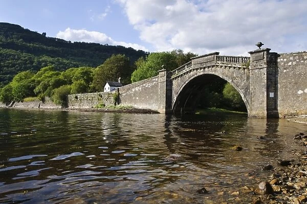 Arched stone bridge at head of sea loch, Loch Fyne, Argyll, Argyll and Bute, Scotland, August